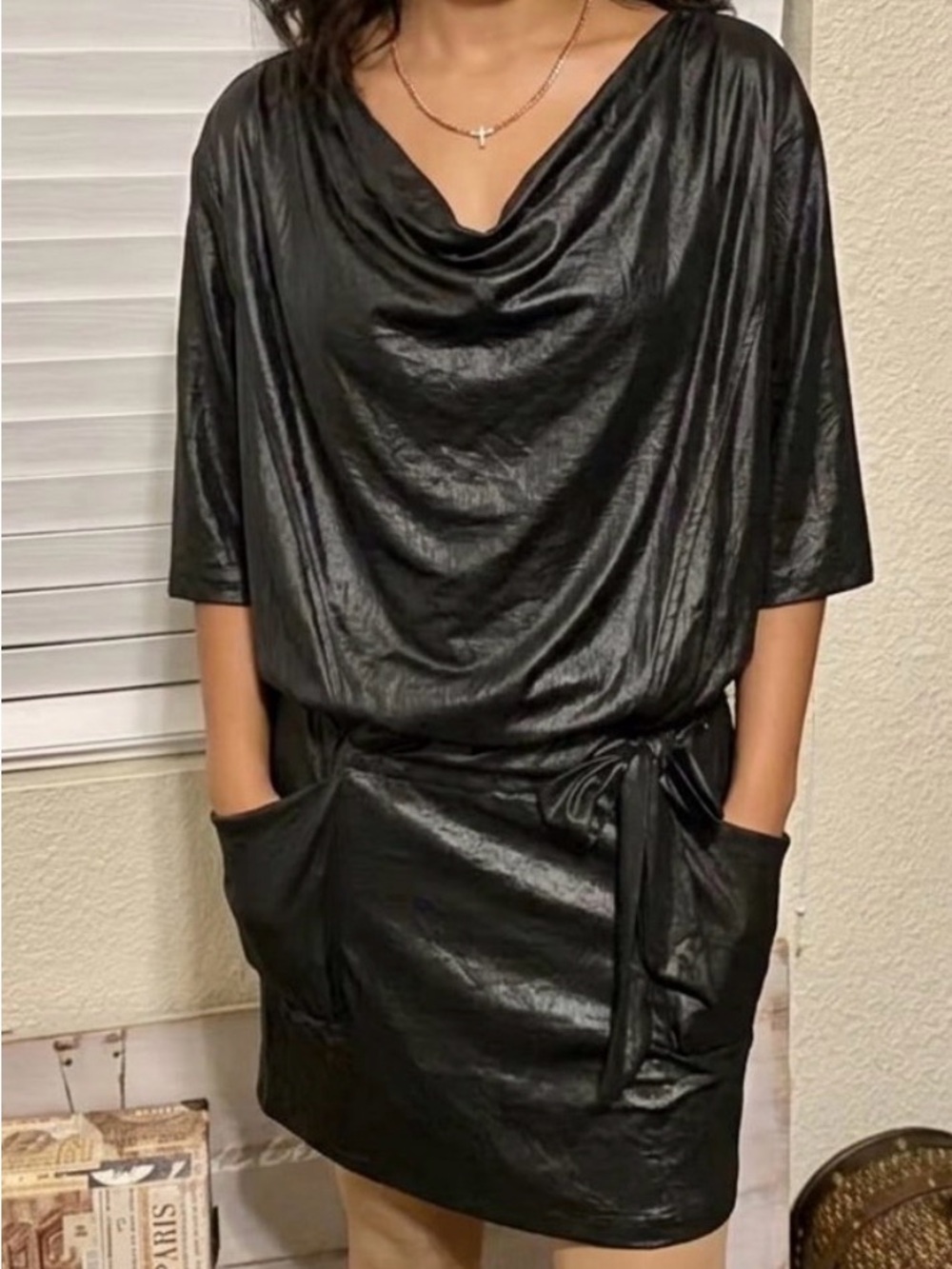 BCBGMaxAzria Black Shimmery Fabric Drape Neck Mini Dress with Waist Tie